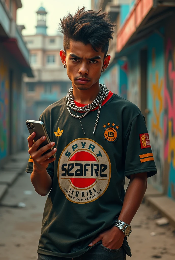 Make a hoodlum with a silver chain and iPhone and a Sport Recife and Seaway shirt 