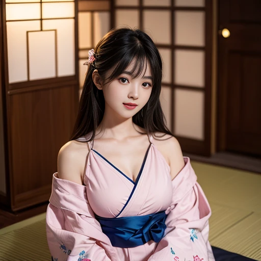 best quality, Delicate face，beautiful visual work, lifelike, eternity, black hair, Long curly hair, blunt bangs, Smile, Detailed Background, Delicate face，blush，cold，((masterpiece))、(top quality)、8k、high detail、Super detailed，41-year-old female，Wearing a yukata, Kneeling on the tatami, masterpiece、born、Scenes resembling fairy tale illustrations、intricate details和複雜的設計、Beautifully、magic、capricious、 Beautifully、Dream aesthetics、「𝓡𝓸𝓶𝓪𝓷𝓽𝓲𝓬、ethereal、charming、fickle、magic」、realism、Visual effects、FXAA、SSAO、Shader、voiceless、ambient lighting、Tone mapping、High resolution、Ultra high quality、Million pixels、(8K resolution:1.10)、8k、8k以下、8K resolution、high detail、intricate details， (high quality:1.2、masterpiece:1.2、:1.21)、(41-year-old female:1.21)、(興奮地Smile)、(Surrounded by a dreamy atmosphere、Model diagram，full-body shot，Normal 2 feet，Put your hands behind you，The protrusion of the breast is visible when wearing clothes, Large Breasts, H cup chest, pink clothes, Don&#39;t show your fingers, full-body shot， full-body shot，full-body shot，full-body shot，full-body shot，full-body shot，full-body shot，full-body shot，hands hidden in clothes, hands hidden in clothes,hands hidden in clothes,hands hidden in clothes,hands hidden in clothes,hands hidden in clothes,hands hidden in clothes,hands hidden in clothes,hands hidden in clothes, ,hands hidden in sleeves ,hands hidden in sleeves ,hands hidden in sleeves ,hands hidden in sleeves ,hands hidden in sleeves ,hands hidden in sleeves ,hands hidden in sleeves ,hands hidden in sleeves, arms behind back, arms behind back,Pink and white yukata with flower pattern, Pink and white floral pattern yukata, Yukata with cherry blossom pattern on it, White yukata with cherry blossoms printed on it, In Sakura Tree Park, Maruyama Park in Japan is full of cherry blossoms