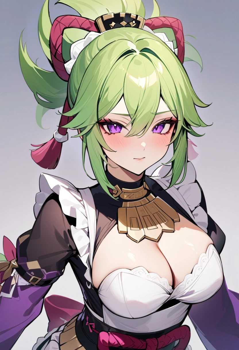 best quality, masterpiece, highres, solo, {maid:1.40}, {long maid dress:1.15}, {kuki_shinobu_genshin:1.15}, green_hair, purple_eyes, bangs, ponytail, hair_between_eyes, hair_ornament, breasts