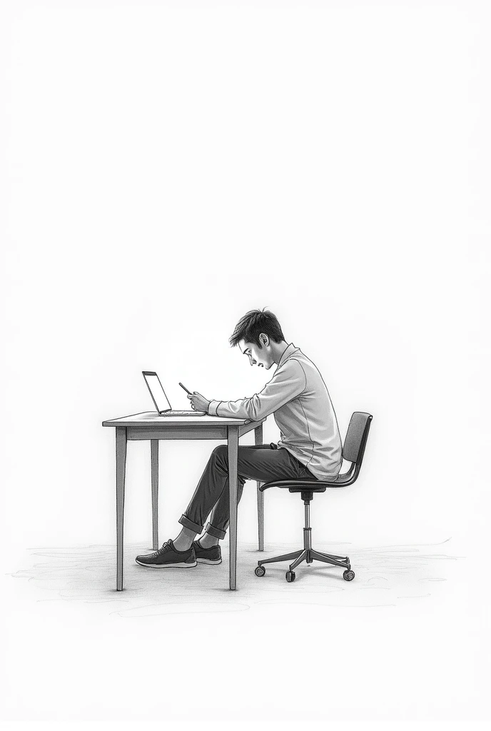 Man having his phone on the desk with flashlight on, pencil sketch very simple