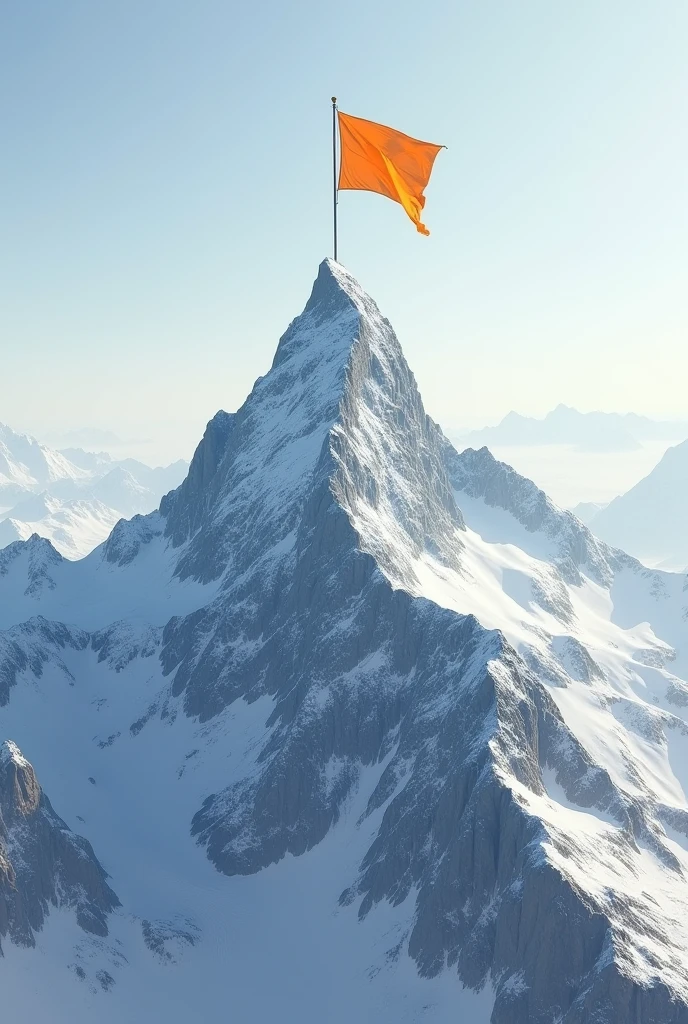 A mountain peak with a little small size of orange flag at the top.
