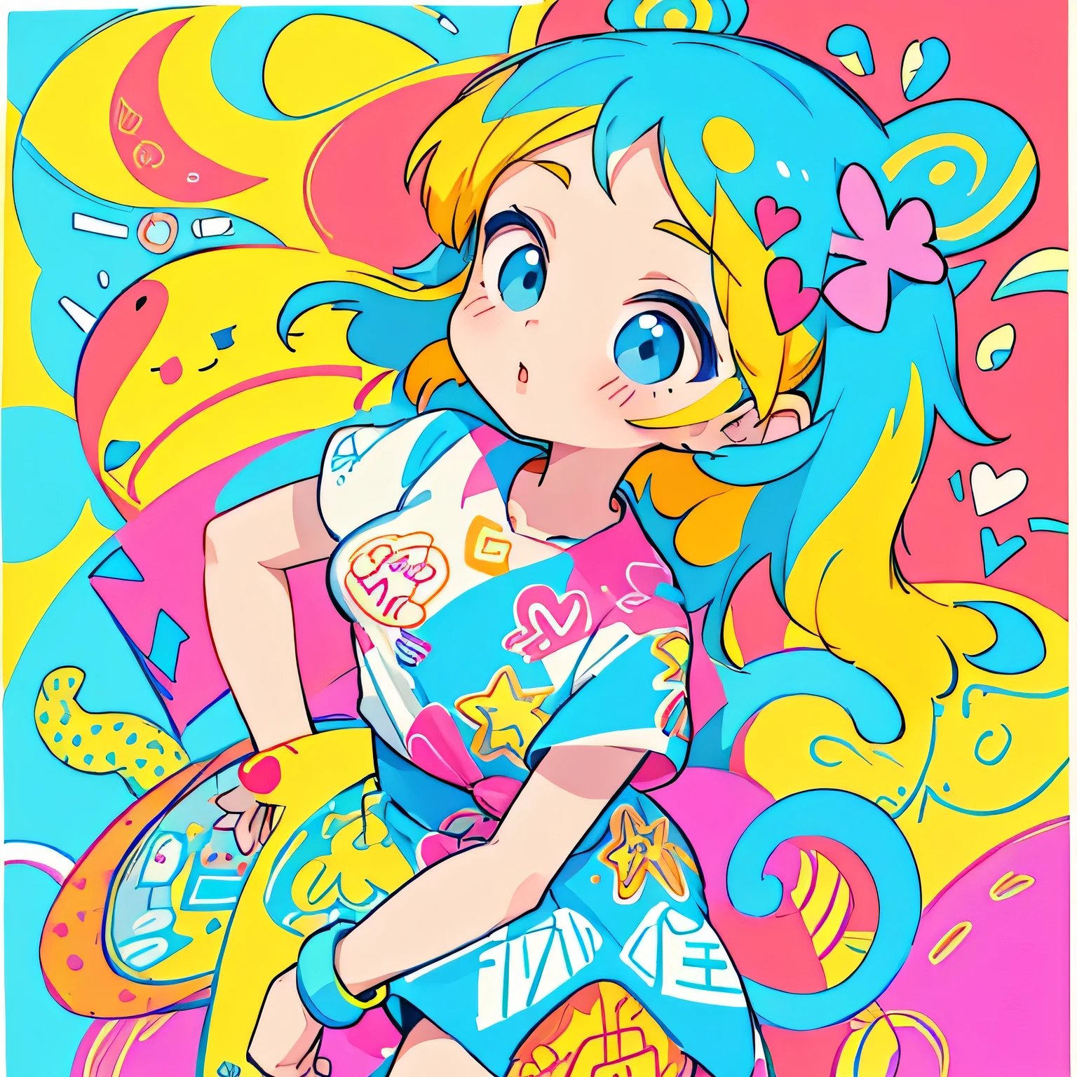 Keith Haring colorful style, Simple Line Initialism,Abstract art,(((The most beautiful girl of all time))), Sweet face. Lips in love, colorful hearts, stylish design, 夏のオシャレなTシャツ, 黒い瞳, walking, Paris