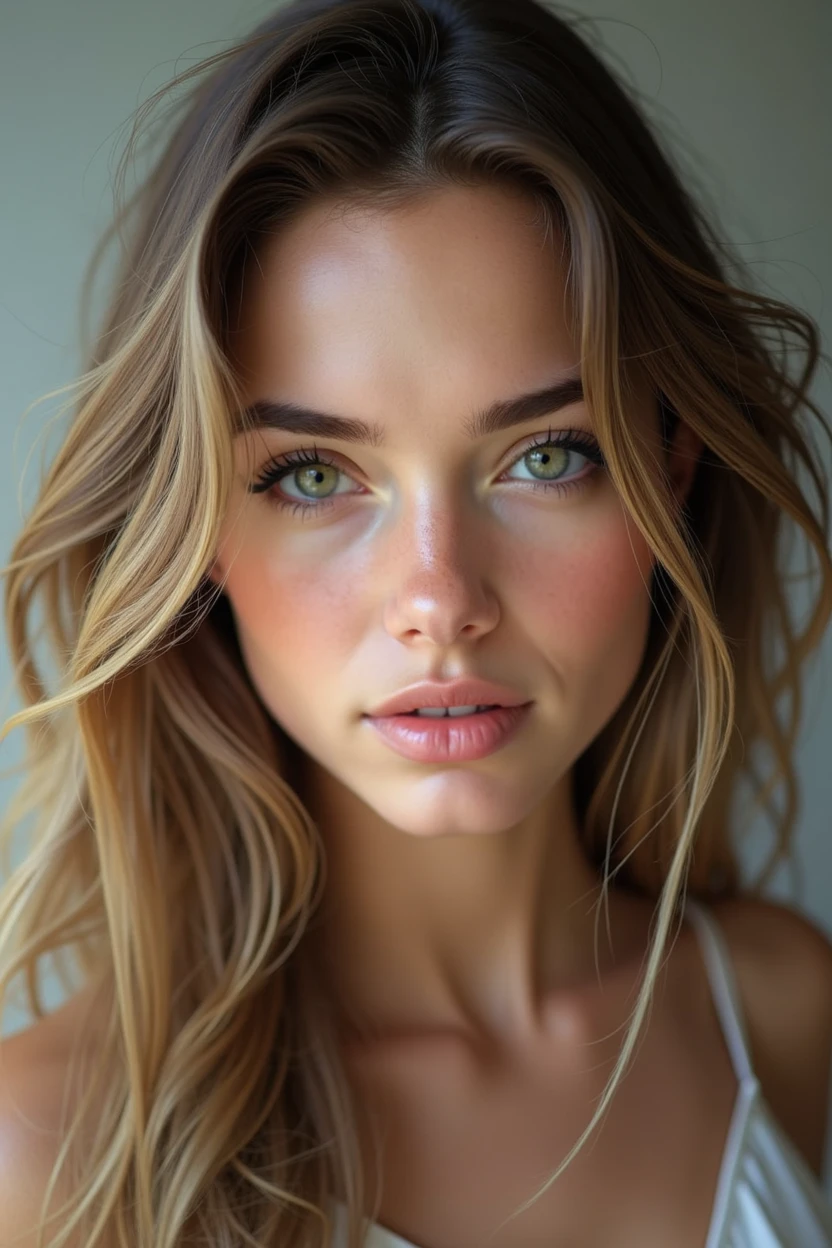  beautiful young blonde , 18-years old, long dark blonde hair wavy at the ends, thick and black eyebrows, big, light green eyes, full, pink mouth, gorgeous face, hole in the chin, photo 100% realisitic, ultra real details, foto onlyfans. onlyfans real