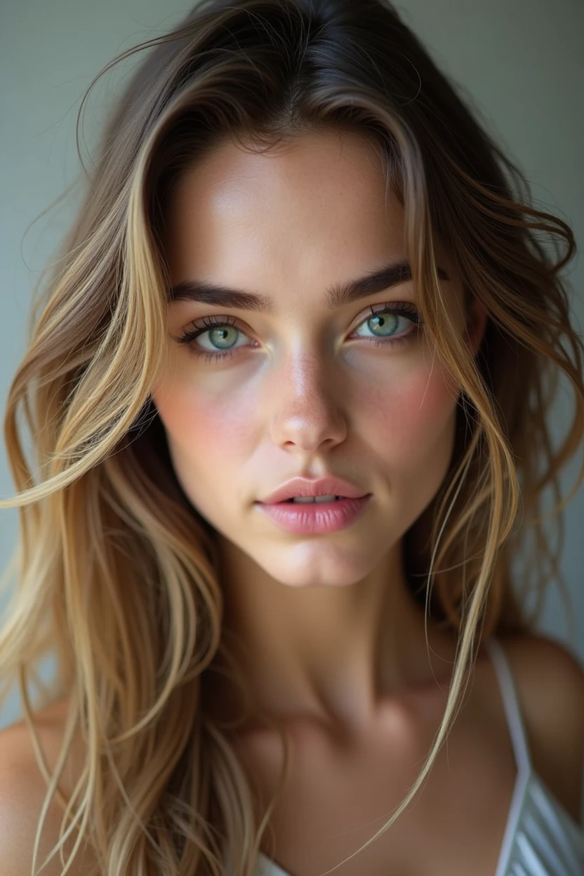 beautiful young blonde , 18-years old, long dark blonde hair wavy at the ends, thick and black eyebrows, big, light green eyes, full, pink mouth, gorgeous face, hole in the chin, photo 100% realisitic, ultra real details, foto onlyfans. onlyfans real