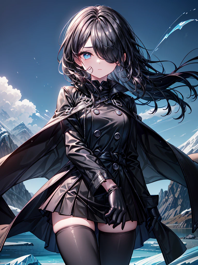 ((flame sword)),((Celestial Glacier)),((masterpiece)),((light particles)),((black micro mini length skirt),((alone)),(Serene),((Deep blue pupils)),((sparkling eyes)),(Beautiful Blue Eyes),((Wearing a black coat)),(((Wearing black tights))),(Slim body),((length, Shiny black hair)),((Her left eye is completely hidden by her bangs)),((Her hair is parted, and you can see her eyes through it)),((Wearing black gloves)),((hair over one eye,long hair)),((Hair blowing in the wind)