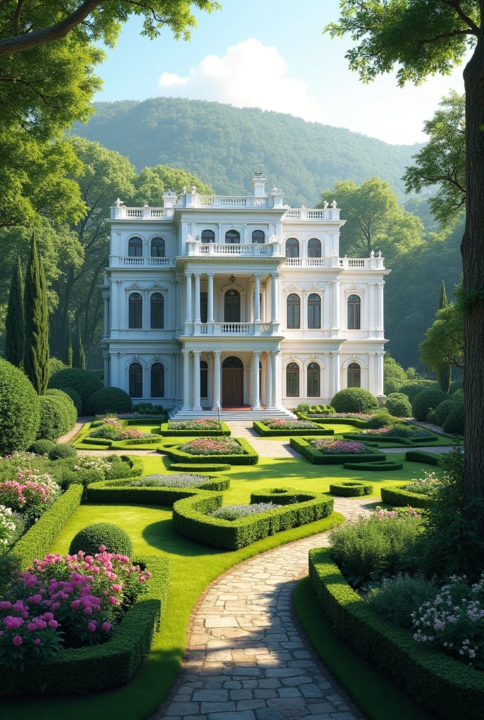 White mansion with beautiful gardens around the compound