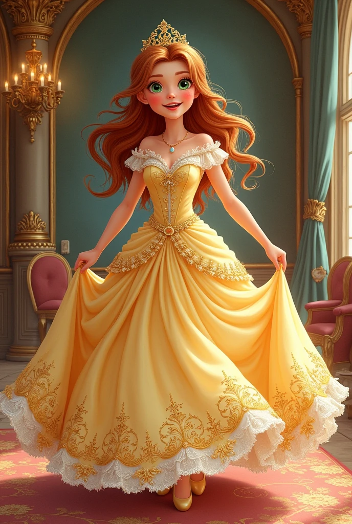 Drawing from a book of a beautiful princess with bronze hair and green eyes wearing a beautiful yellow dress facing the camera full body drawing 