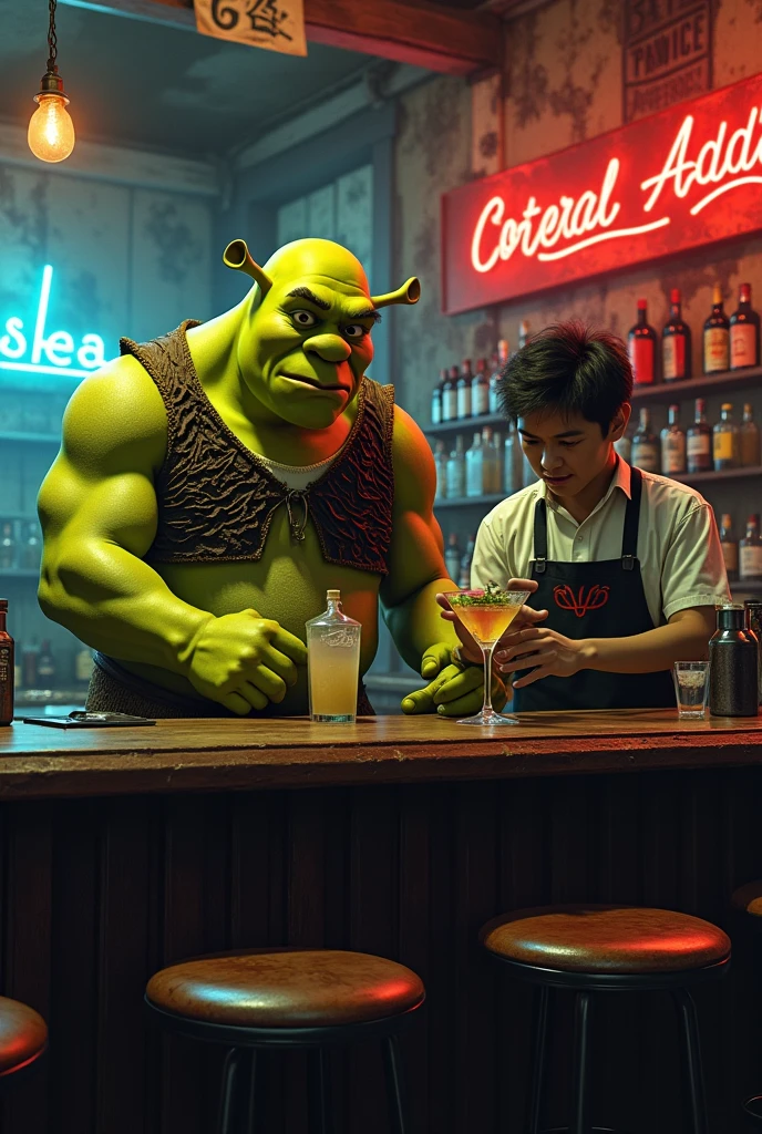 A Shrek and a Chinese addict, both working as bartenders 