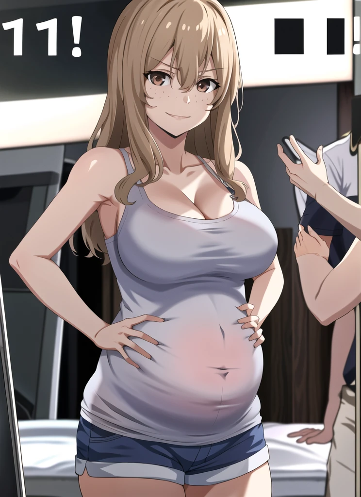 score_9, score_8_up, score_7_up, source_anime, best quality, clear face, 1girl, Clair Aoki, masterpiece, best quality, highres, aoki1, brown eyes, freckles, large breasts, bikini, shorts, cleavage, smile, looking at viewer, sky, standing, pregnant belly, huge belly, big belly, Belly button, Maternity nightgown 