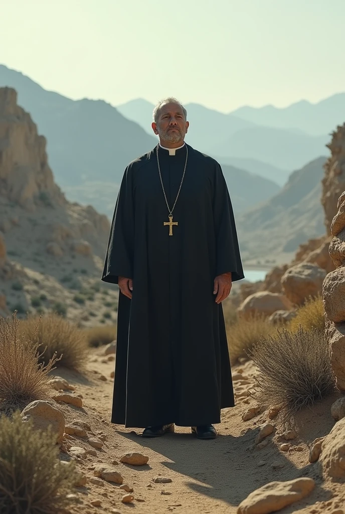 A Catholic priest praying in the middle of the backlands 