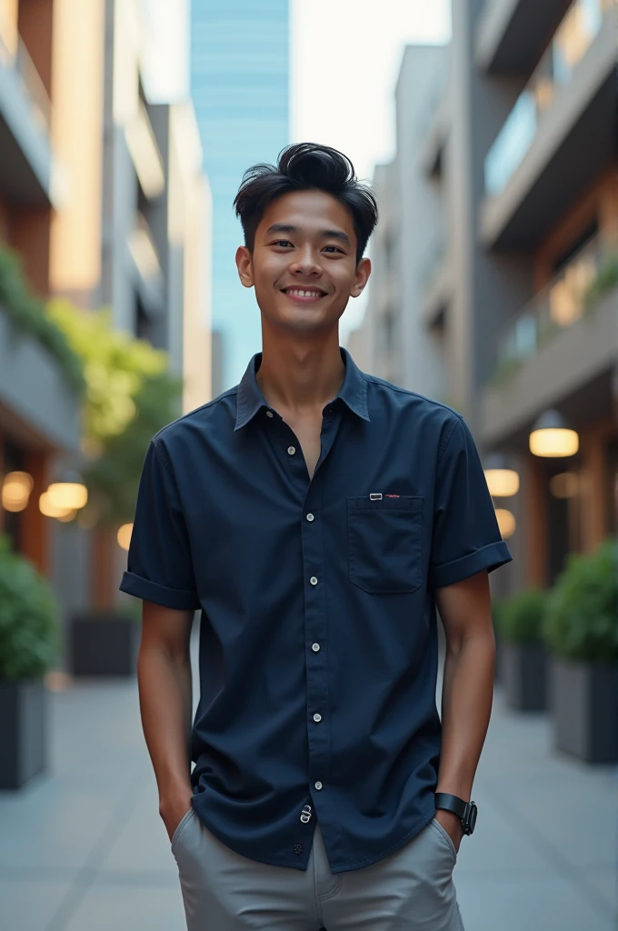 Boy of about 28 with short black hair dressed casually in a navy blue shirt and light gray pants with an urban touch 
