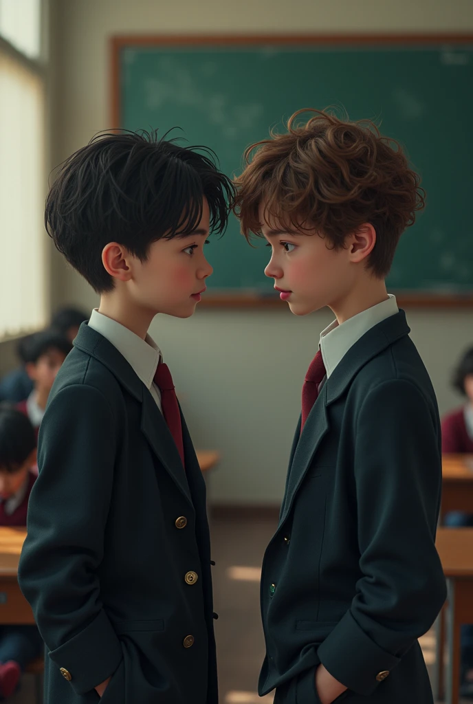 in the background a classroom, Two boys, one in black , and the other more effeminate with pink lipstick, shorter shy, one in front of the other, curly and wavy hair