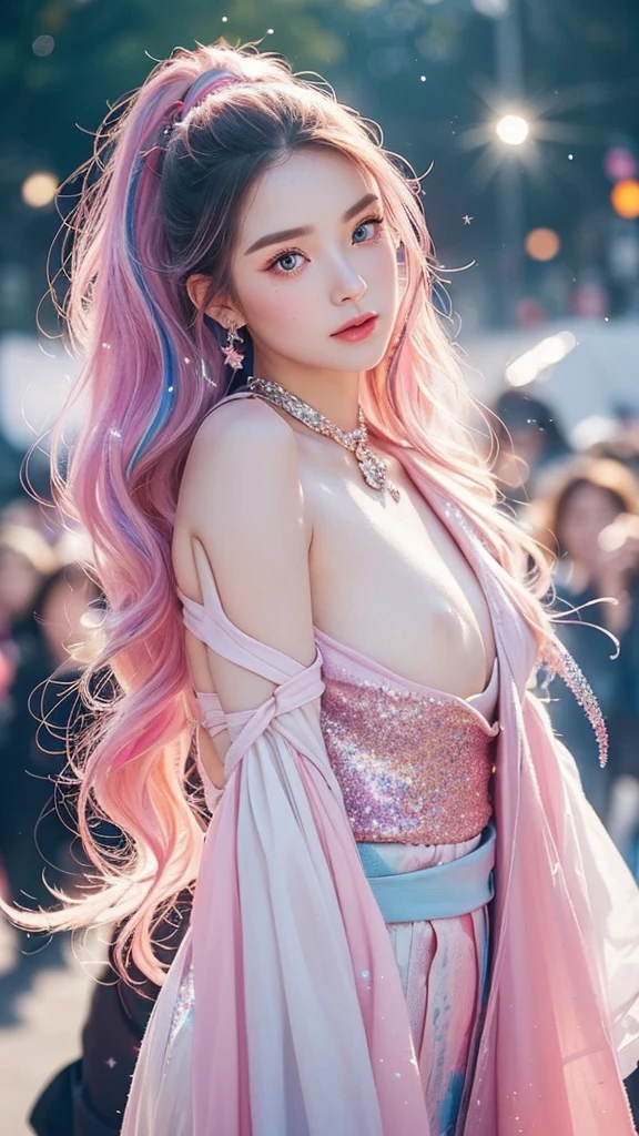 (Masterpiece), (Best Quality), (Super Detailed), (Dirty Hair), (Illustration), (1 Girl) (Long Pink Hair 1.5) (Blue Eyes) (Double Ponytail 2.0), ((((No Shoulders))),Hanfu, (Looking at the Audience, (Interview), (Simple Background), Beautiful and Delicate Eyes, Delicate Beautiful Face, Soaring (High Saturation), (Colorful Glitter), Multi-colored Bubbles, (Glitter), Accent on Face, PerfectNwsjMajic, conservative clothes, Shoulderless, autumn clothes, facing the masses, perfect figure,