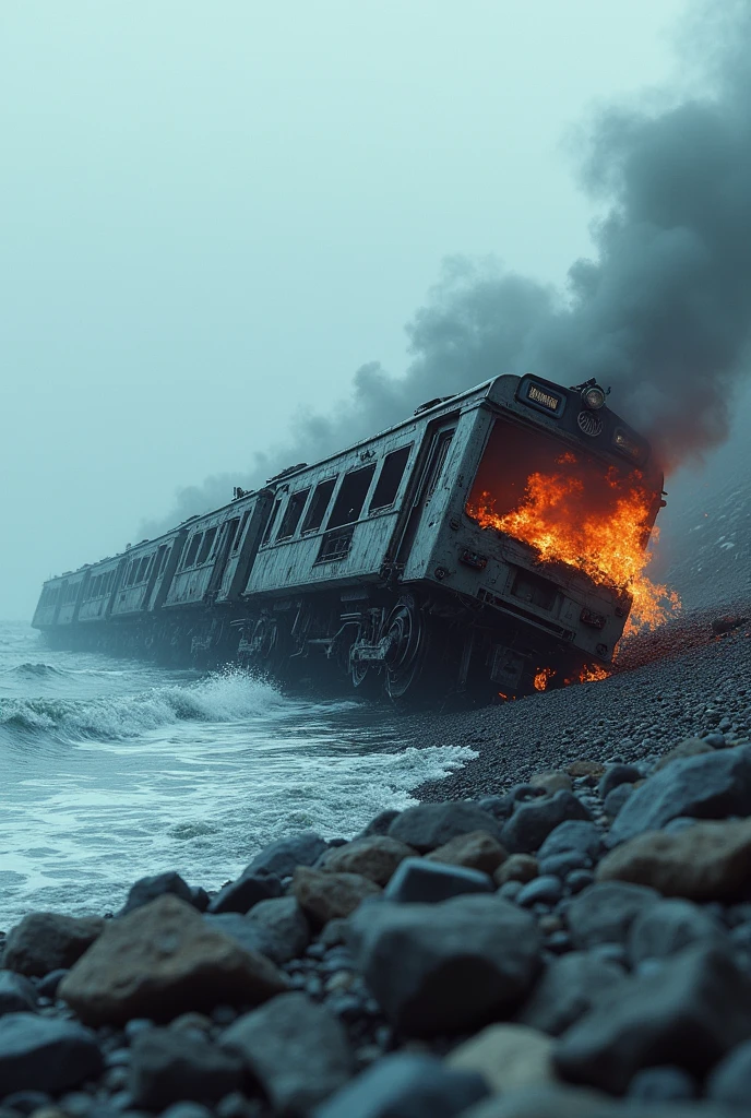 Photo realism vapor train, without rails, crashed on beach, destroyed on rocks, on fire, outdoors, soft lighting, sea in background, realistic, intricate details, cold colors
