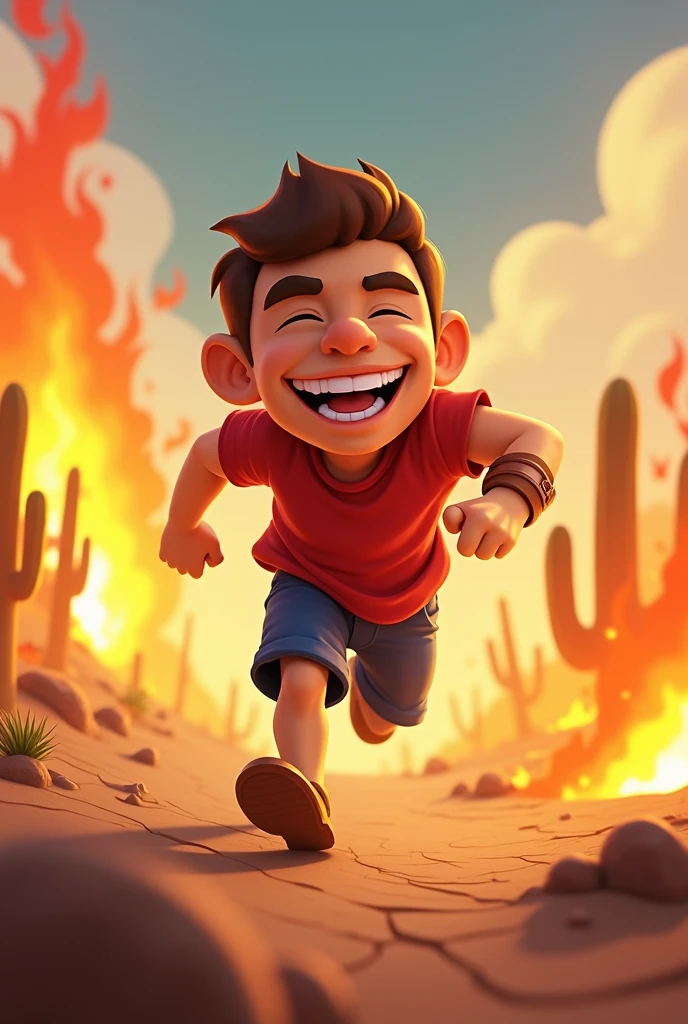 Make a picture of Larry from brawl star laughing while running through a desert in flames