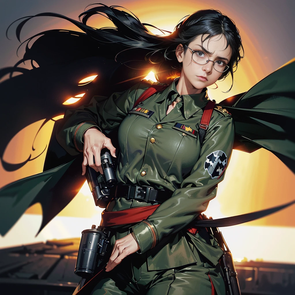 (ultra-detailed, dynamic action sequence: 1.2), lara croft with a leather jacket, messy yet beautiful hair flying in the wind, gun belt, shorts and thigh-high boots, toned muscles, batman clad in a sleek armor suit, cape flowingly behind, batman's mask revealing detailed features,
detailed background, cityscape with towering buildings and neon lights, sun setting casting an orange glow,
(action-packed: 1.4), lara expertly handling the motorbike, Batman's arms wrapped around her waist for support, leaning in to speak into her ear,
BREAK, intense focus on their faces, Realistic, (German World War II general uniform reference : 1.8), the highest facial resolution, , mulher modestamente vestida, vestido inteiramente, ( pequeno, cabelos pretos, black franja reta, super thin braids, franja reta, Red glasses, olho verde escuro, science fiction, Fighter aircraft, standing On the landing of a Fighter aircraft, the agency, uma personalidade profundamente inteligente, A calm expression, um rosto respeitoso, uma guerra, a Fighter aircraft (illustration:1.2), (mature female:1.2), 1girl, solo, red background, smoke, long hair, black hair, simple background, outside border, looking at viewer, red eyes, shirt, bangs, collared shirt, white shirt, upper body, closed mouth, glasses