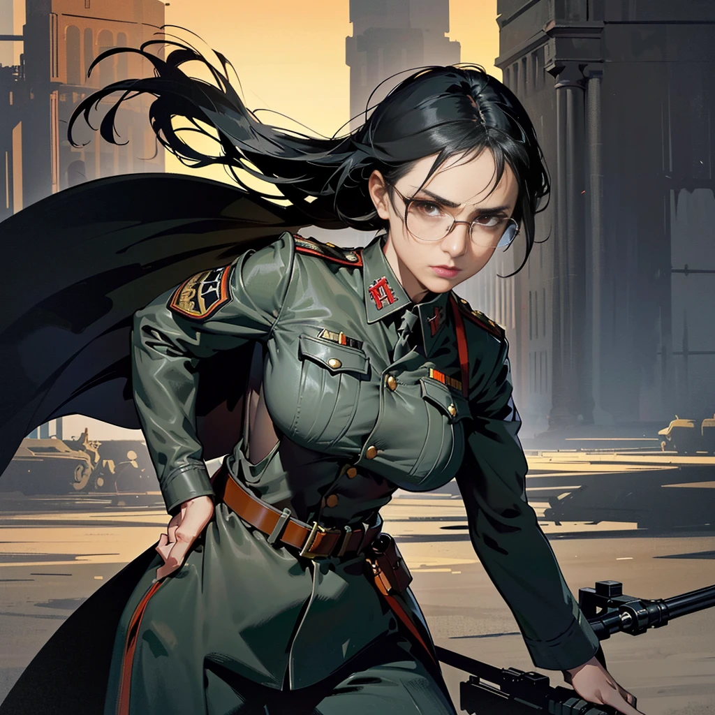(ultra-detailed, dynamic action sequence: 1.2), lara croft with a leather jacket, messy yet beautiful hair flying in the wind, gun belt, shorts and thigh-high boots, toned muscles, batman clad in a sleek armor suit, cape flowingly behind, batman's mask revealing detailed features,
detailed background, cityscape with towering buildings and neon lights, sun setting casting an orange glow,
(action-packed: 1.4), lara expertly handling the motorbike, Batman's arms wrapped around her waist for support, leaning in to speak into her ear,
BREAK, intense focus on their faces,　Realistic, (German World War II general uniform reference : 1.8), the highest facial resolution, , mulher modestamente vestida, vestido inteiramente, ( pequeno, cabelos pretos, black franja reta, super thin braids, franja reta, Red glasses, olho verde escuro, science fiction, Fighter aircraft, standing On the landing of a Fighter aircraft, the agency, uma personalidade profundamente inteligente, A calm expression, um rosto respeitoso, uma guerra, a Fighter aircraft　(illustration:1.2), (mature female:1.2), 1girl, solo, red background, smoke, long hair, black hair, simple background, outside border, looking at viewer, red eyes, shirt, bangs, collared shirt, white shirt, upper body, closed mouth, glasses