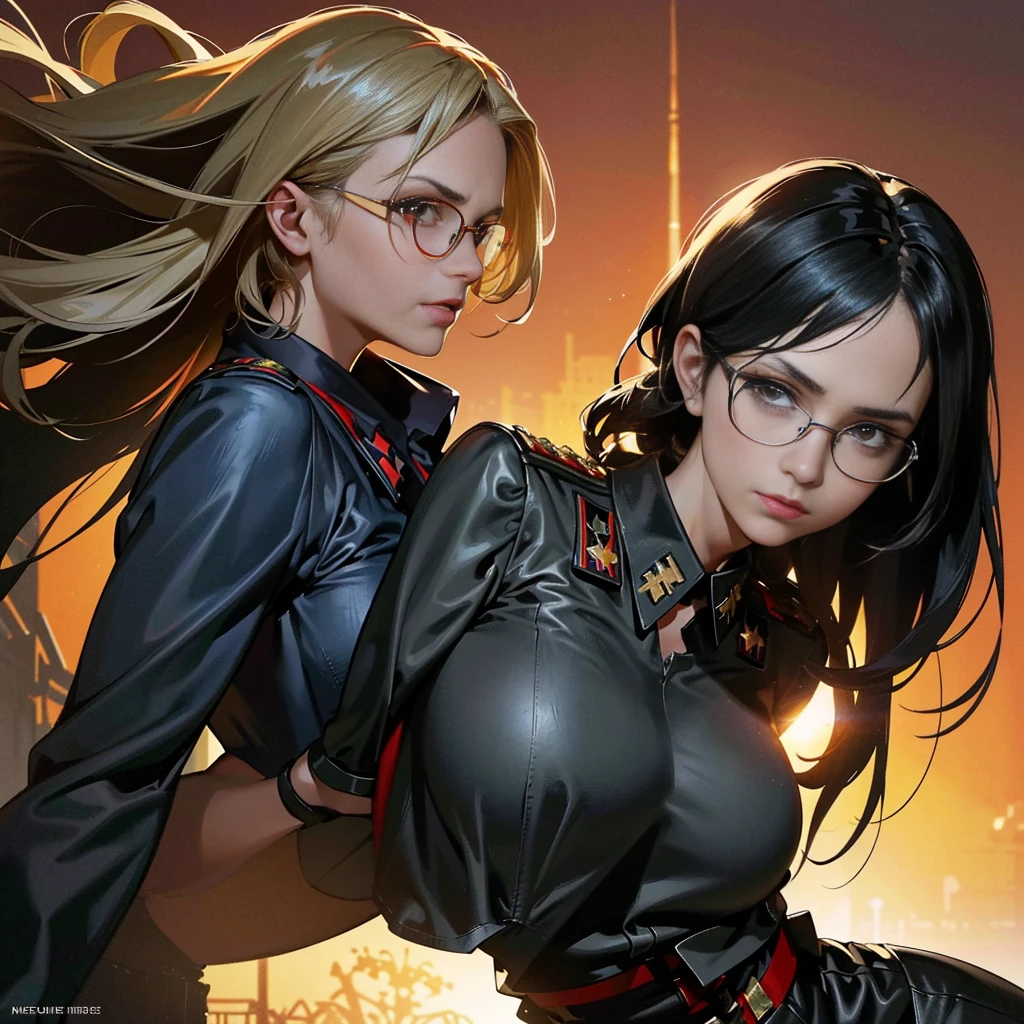 (ultra-detailed, dynamic action sequence: 1.2), lara croft with a leather jacket, messy yet beautiful hair flying in the wind, gun belt, shorts and thigh-high boots, toned muscles, batman clad in a sleek armor suit, cape flowingly behind, batman's mask revealing detailed features,
detailed background, cityscape with towering buildings and neon lights, sun setting casting an orange glow,
(action-packed: 1.4), lara expertly handling the motorbike, Batman's arms wrapped around her waist for support, leaning in to speak into her ear,
BREAK, intense focus on their faces, Realistic, (German World War II general uniform reference : 1.8), the highest facial resolution, , mulher modestamente vestida, vestido inteiramente, ( pequeno, cabelos pretos, black franja reta, super thin braids, franja reta, Red glasses, olho verde escuro, science fiction, Fighter aircraft, standing On the landing of a Fighter aircraft, the agency, uma personalidade profundamente inteligente, A calm expression, um rosto respeitoso, uma guerra, a Fighter aircraft (illustration:1.2), (mature female:1.2), 1girl, solo, red background, smoke, long hair, black hair, simple background, outside border, looking at viewer, red eyes, shirt, bangs, collared shirt, white shirt, upper body, closed mouth, glasses