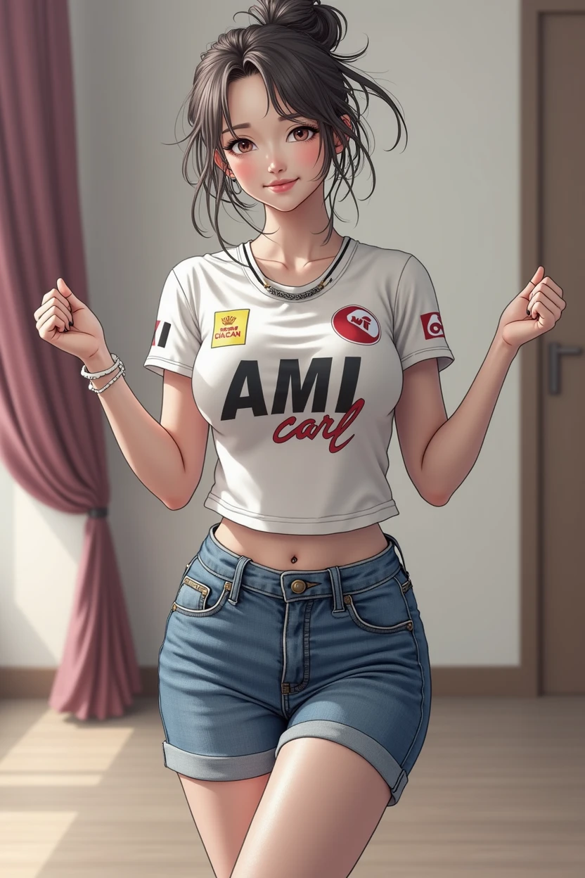 Highest quality, Realistic, Very detailed, finely, High resolution, 8k wallpaper、 Beautiful Japanese Women, Sharp focus, Perfect dynamic composition, Detailed and realistic skin texture、Happy expression、whole body、Messy hairstyle、Grid Girls、Race Queen、Belly piercing
