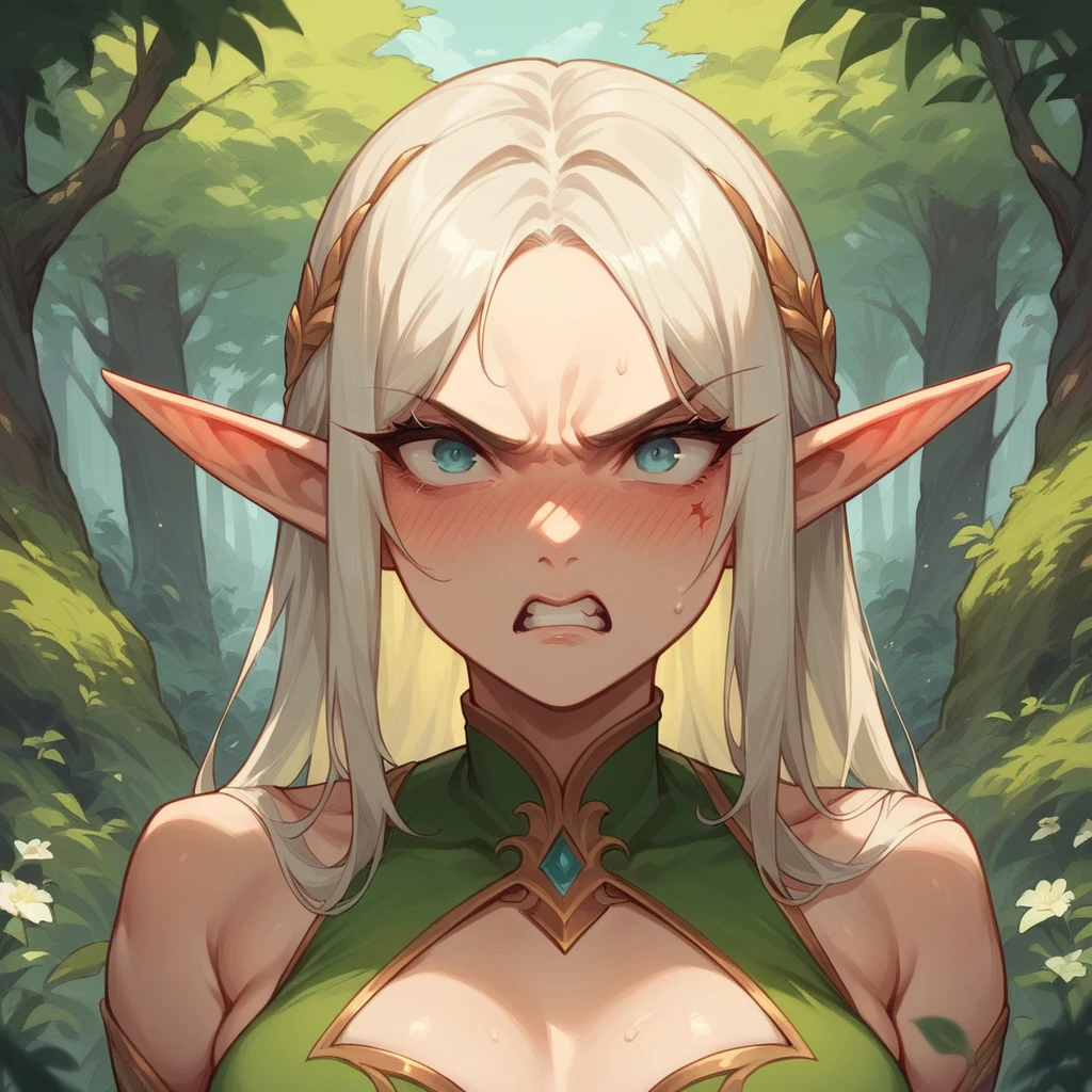 elf woman, angry with a blushing face, In the background a forest with many trees