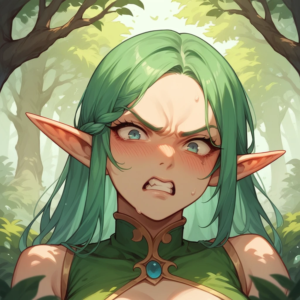 elf woman, angry with a blushing face, In the background a forest with many trees