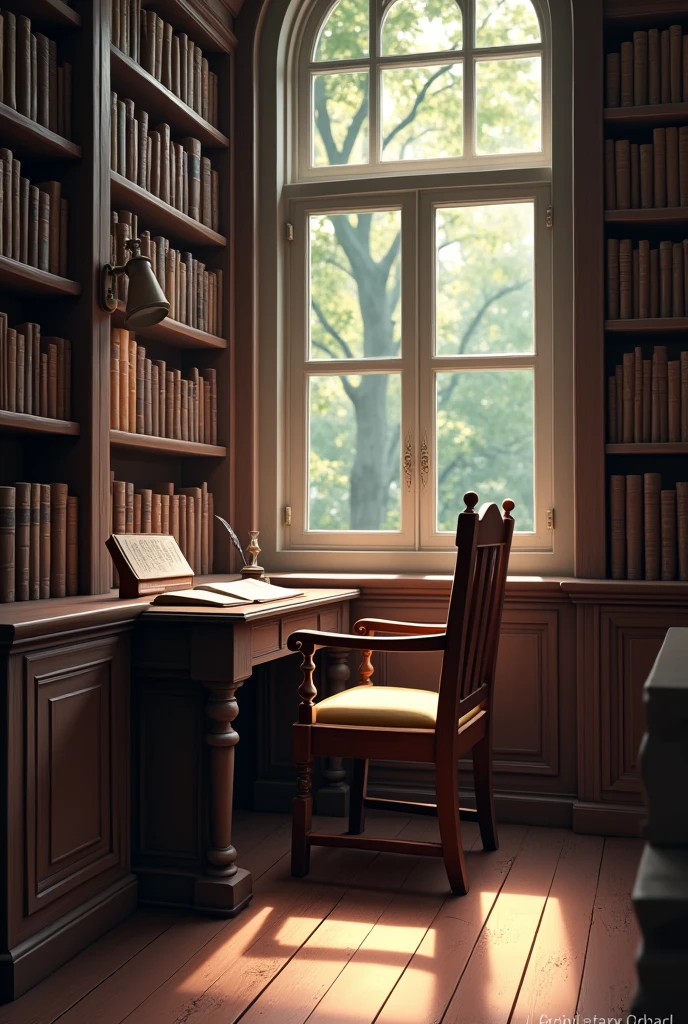 In the library there is a chair next to the desk
