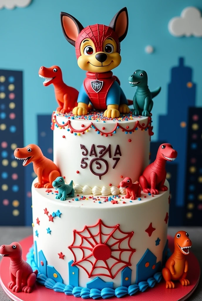 a white cake, red and blue in the spiderman theme with the patrol dog and dinosaurs
