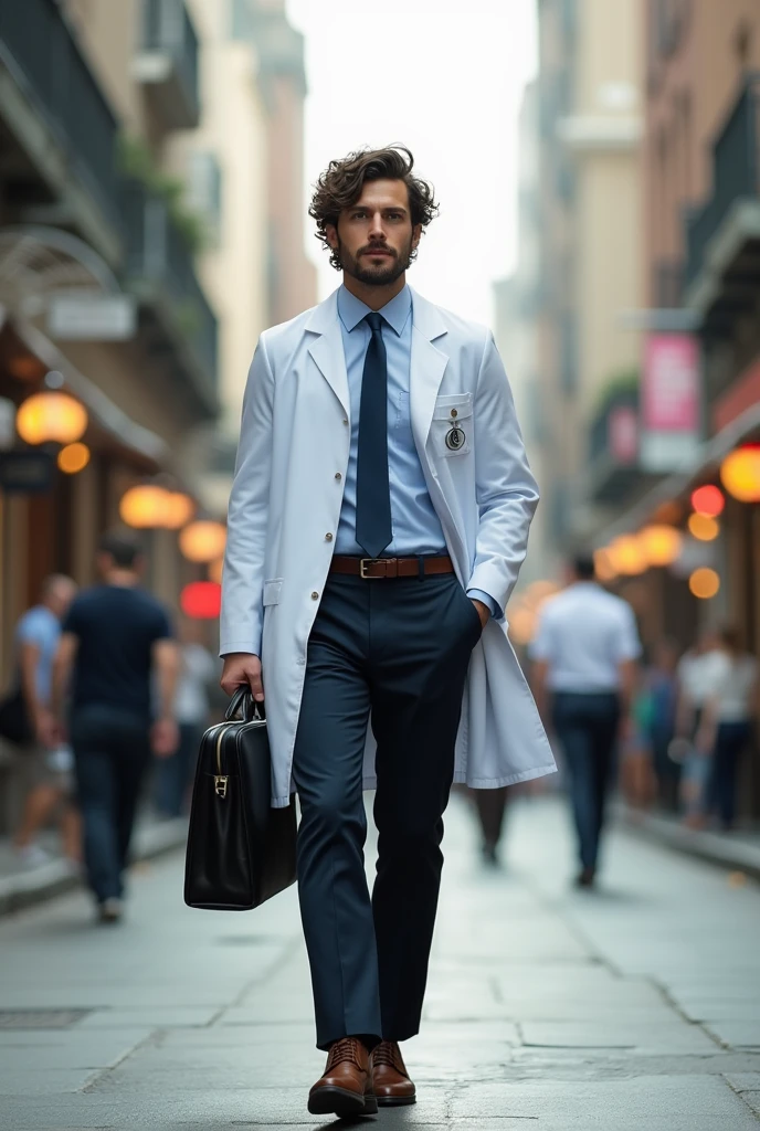 A brunette man with curly hair and attractive dress up walking in the street looks like a doctor