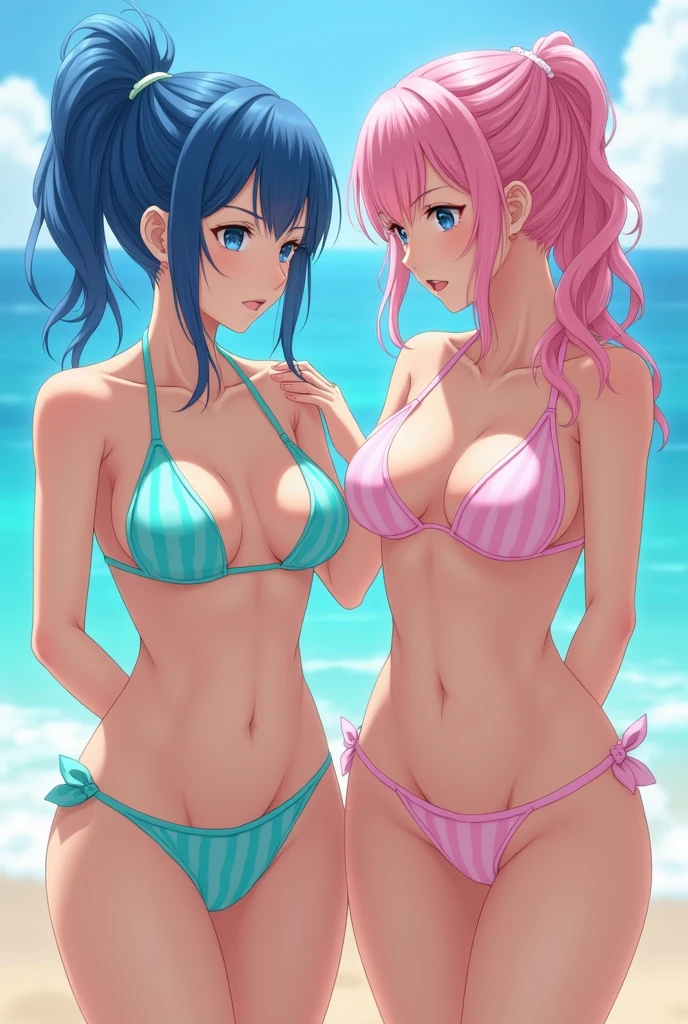 two japanese girls , one is blue hair another is pink hair, ((they cloth aqua striped bikini ,one is blue base another is pink base:1.5)),18 years old , cute face ,cleavage between breasts,large breasts,cute face, ponytail ,wave hair,darkcyan eyes,beach,masterpiece, extremely fine and beautiful,gravure,wet body,wet hair,embarrassed,upturned eyes,nsfw,Hourglass figure