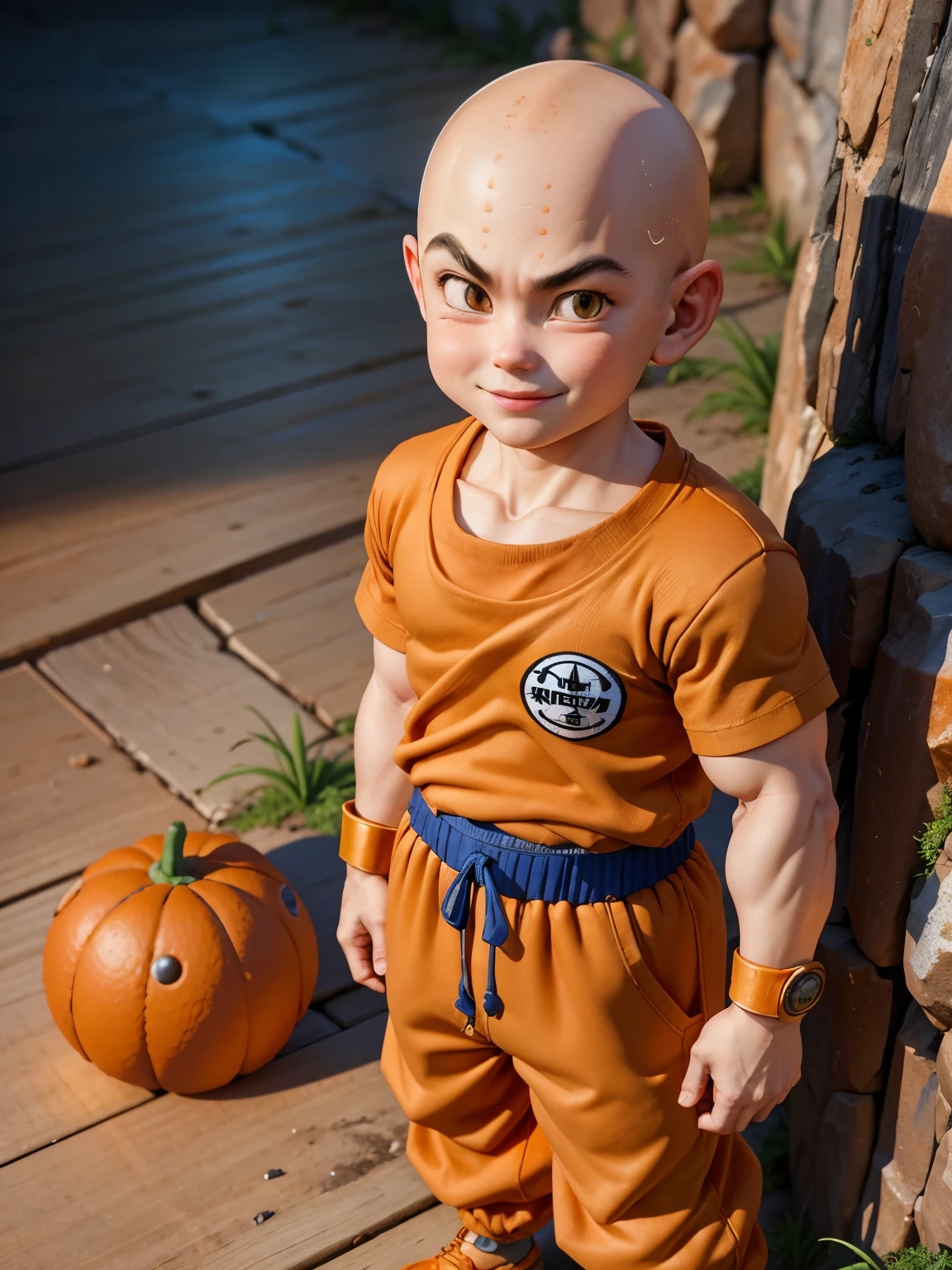 (Highest quality:1.2, masterpiece:1.2), ultra high resolution, professional lighting, cinematic lighting, 8K wallpaper, (In detail), ultra realistic & detailed portrait of Krillin, One boy, alone,  (bald), Iris, ((Orange Clothes, orange Dogi, Orange long pants)), Forehead mark, No nose, no sclera, Rocky steppe, patch, Blue wristband, nice, standing, outdoors, (((he is small & very short))), smile,