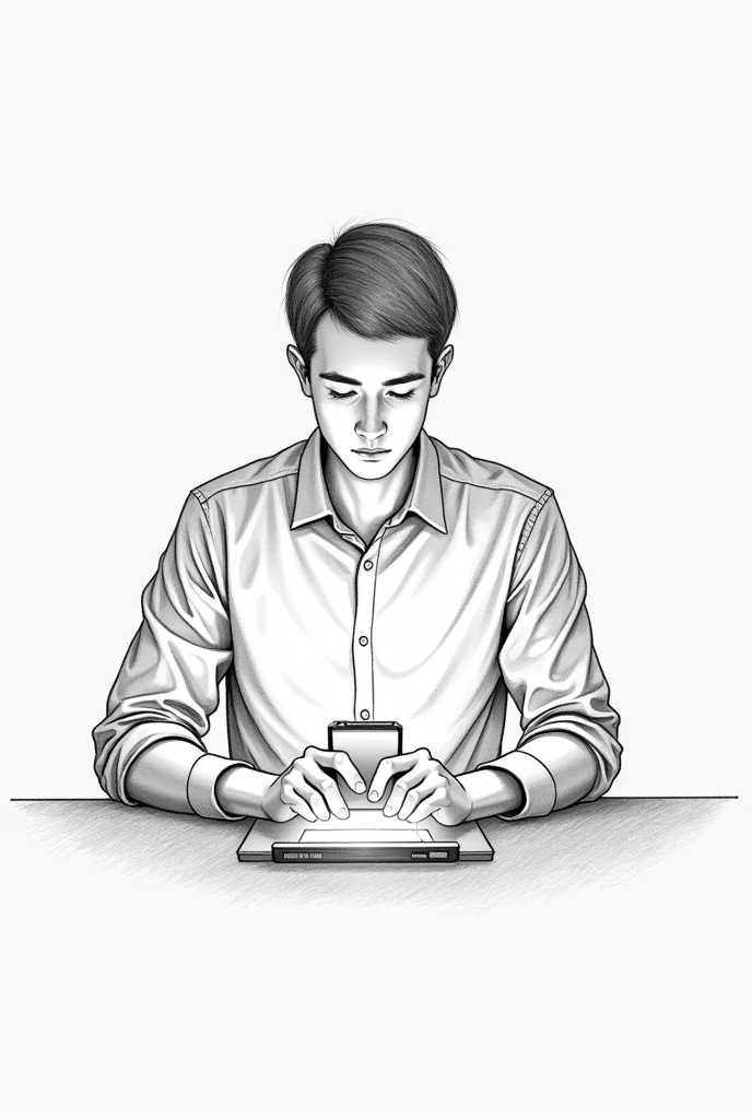 Man having his phone on the desk with flashlight on, pencil sketch very simple