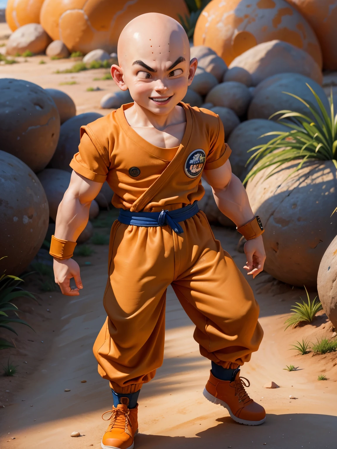 (Highest quality:1.2, masterpiece:1.2), ultra high resolution, professional lighting, cinematic lighting, 8K wallpaper, (In detail), ultra realistic & detailed portrait of Krillin, One boy, alone,  (bald), Iris, ((Orange Clothes, orange Dogi, Orange long pants)), Forehead mark, No nose, no sclera, Rocky steppe, patch, Blue wristband, nice, standing, outdoors, (((he is small & very short))), smile,