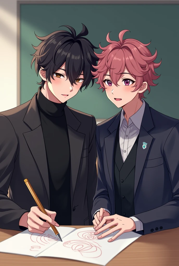 in the background a classroom, Two boys, one in black , and the other more effeminate with pink lipstick, shorter shy, one in front of the other, curly and wavy hair, art drawing anime