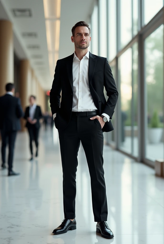generate me an image of Frank wearing a white shirt with a black suit, watch and black shoes in a big architectural company with staff