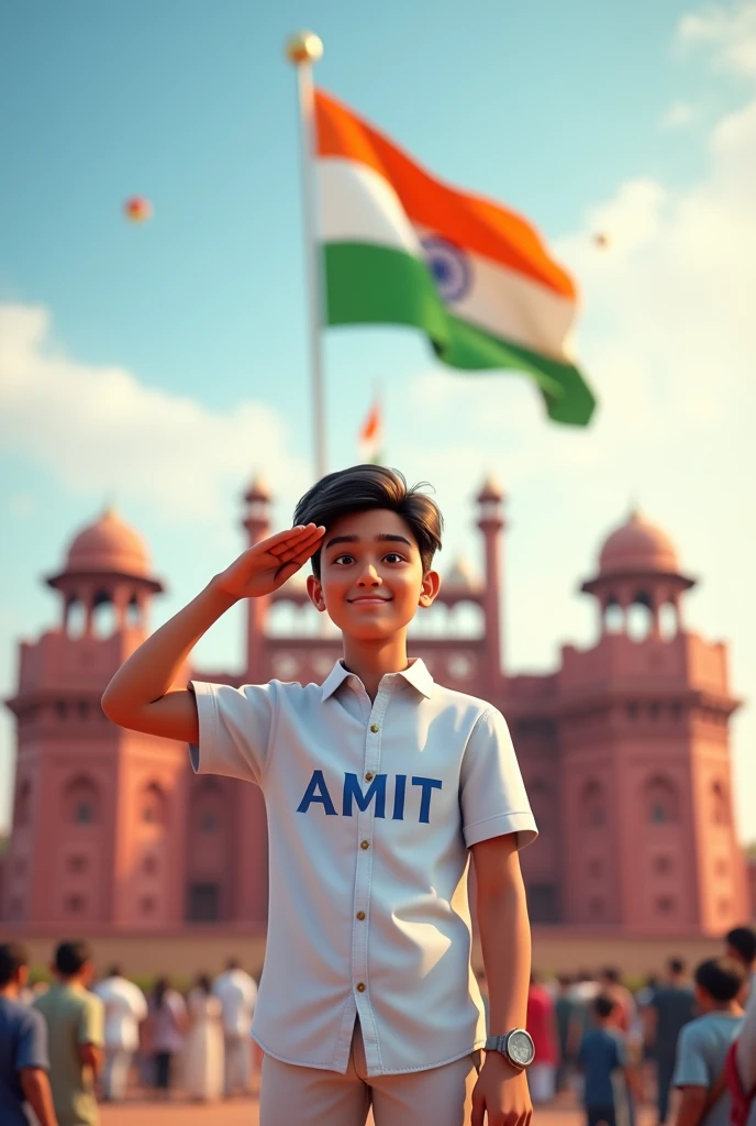 Create a 3D image of 19years old boy is wearing White color shirt and saluting to indian flag and behind him red fort placed a hoisting flag on that, written Happy Independence Day 2024" on the sky and "AMIT" is written on his shirt with bold letters and also in overall image has the divine background like indian republic day. Everyone is celebrating.