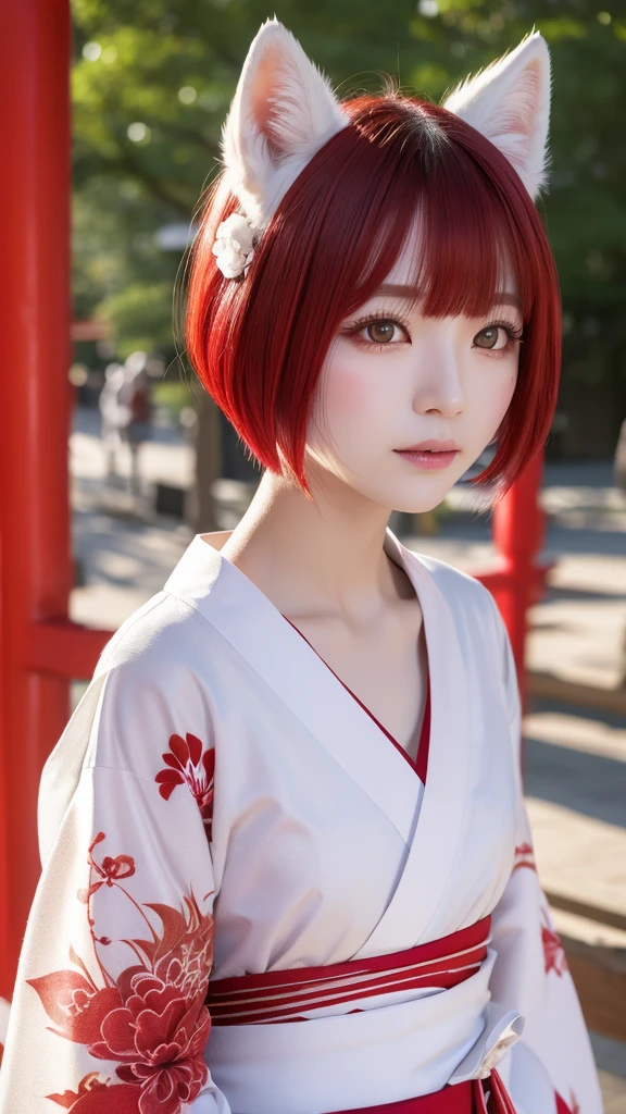 White Demon Fox、Nine-tailed Fox、Japanese women、kimono、Fair skin、Red lines on face、8K、I have Bobshort hair