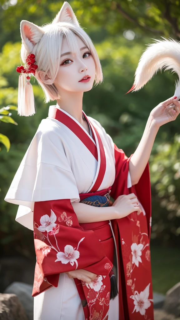 White Demon Fox、Nine-tailed Fox、Japanese women、kimono、Fair skin、Red lines on face、8K、I have Bobshort hair
