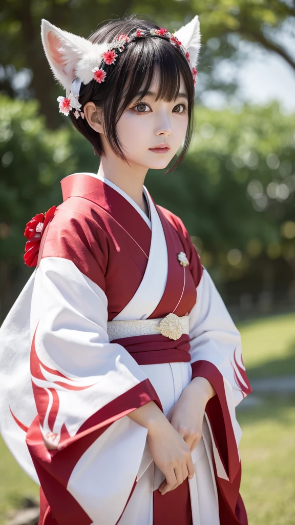 White Demon Fox、Nine-tailed Fox、Japanese women、kimono、Fair skin、Red lines on face、8K、I have Bobshort hair