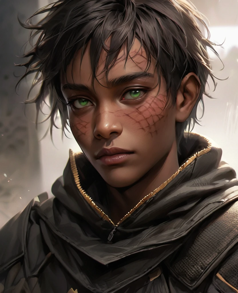 Visable burn scars, hood down, burns going from neck to lower face, masterpiece, best quality, realistic, african man, dark skin, black man, african american, african features, 1man, disfigured, 21 years old, eyes visable, fit, looking worn down, kevlar armor (like swat),african hair, short hair (fade), intimidating, warrior, green eyes, kinky hair, afro-textured hair, short hair,
