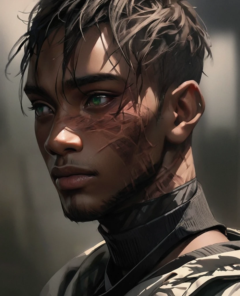 Visable burn scars, hood down, burns going from neck to lower face, masterpiece, best quality, realistic, african man, dark skin, black man, african american, african features, 1man, disfigured, 21 years old, eyes visable, fit, looking worn down, kevlar armor (like swat),african hair, short hair (fade), intimidating, warrior, green eyes, kinky hair, afro-textured hair, short hair,