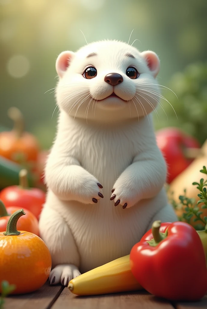 Otter in white coat, with fruits and vegetables 