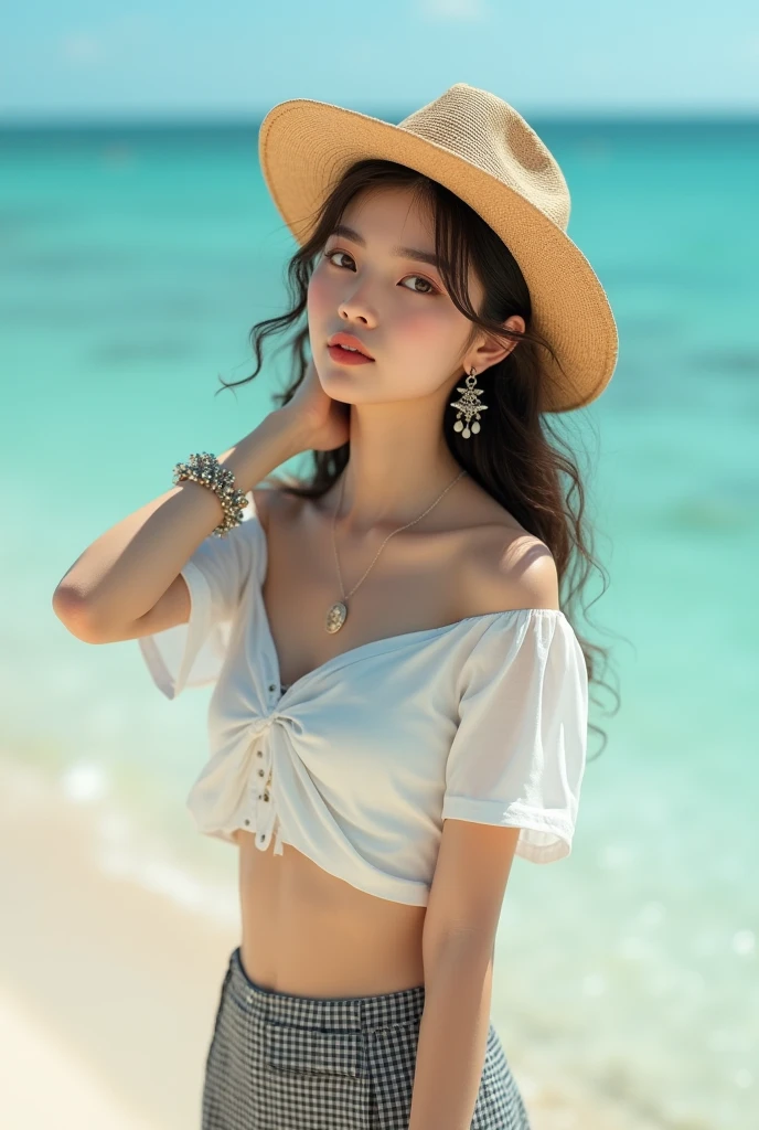 (masterpiece, 8k, best quality, RAW photo, photo realistic, ultra detailed), (insanely detailed and intricate:1.2), (beautiful Japanese girl), slender, 20yo, kawaii, cute, detailed face, detailed eyes, brown eyes, (thin eyebrow), detailed skin, (light brown hair), (wavy hair), (medium hair), blush, (small breasts), cleavage, (white cropped brause:1.4), (gray checked skirt), earrings, (necklace), bracelet, (looking at viewer:1.4), (close-up face:1.1), (seductive pose:1.2), (standing:1.2), (armpit), (arm behind head), (wistful smile), (straw hat), BREAK (overlooking turquoise sea), (sunlight), (beach), (cowboy shot)