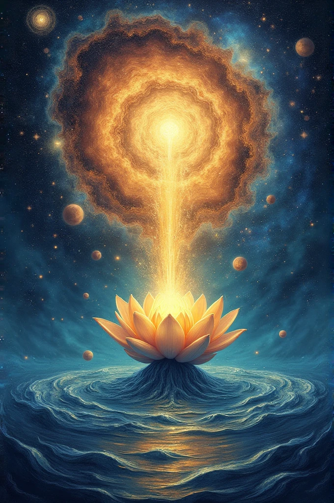 **Evolution of the Universe**: Create a drawing showing the universe in different stages, from primordial creation to its dissolution and eventual rebirth. Includes elements such as the primordial ocean, the golden lotus, the expanding cosmos and the dissolution phase.