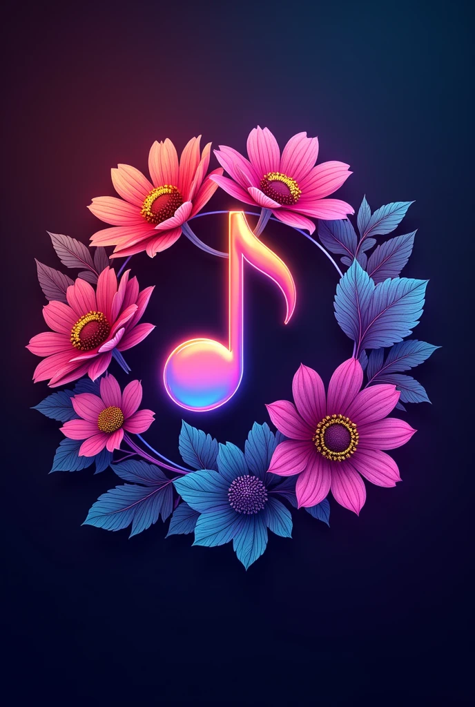 A logo circle musical note center and flower around. Background Neon very color professional