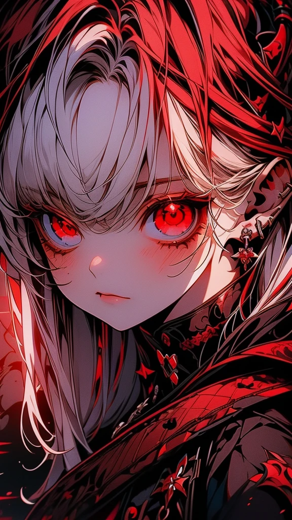 Close up portrait of a person with long hair and red eyes, Ayaka Genshin Impact, White-haired God, Bloodstained, Gap Moe Yandere grimdark, portrait Gap Moe Yandere grimdark, Gothic Maiden Anime, From Arknights, Nightcore, Gap Moe Yandere, Ayaka Games Genshin Impact, Keqing of Genshin Impact