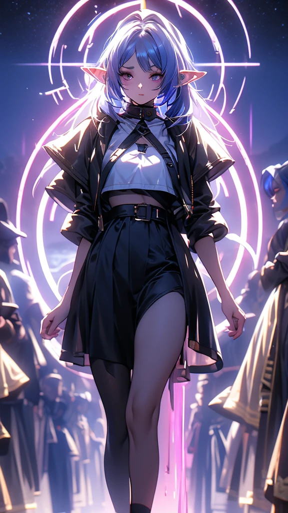 1 person, 20-year-old girl, One person, (Silver Hair), Long pointed ears、Elf、(Gradient sky blue hair tip:1.6), hair, Ridiculously long hair, Single Side Lock, Wavy Hair, Shine髪, Floating Hair, (Fantastic deep purple eyes), Delicate eyes, Aqua Eye, Very fine eye, Long upper eyelashes, ((Glowing Eyes)), compensate, Focus on the face, Highly detailed facial, Pretty face, Perfect breasts, Hot body, (Delicate skin texture:1.2), break, White extra long skirt, Fashion Clothing, necklace, Technical clothing masterpiece, on the road, Gazing at the starry sky, meteor, cyber punk, Detailed Background, The perfect layered cut, clean focus, (magazine:1.3), (Cover Style:1.3), Octane Rendering, Tyndall effect, Real, Dark studio, Side light, 2-color illumination, realism, Chiaroscuro, (Shine光), Shine, Ray Tracing, Cinema Lighting, Futurism, Motion Blur, Atmospheric perspective, Depth of written boundary, Bokeh, Highest quality, 超High resolution, Super Detail, masterpiece, High resolution, Accurate, retina, Anatomically correct