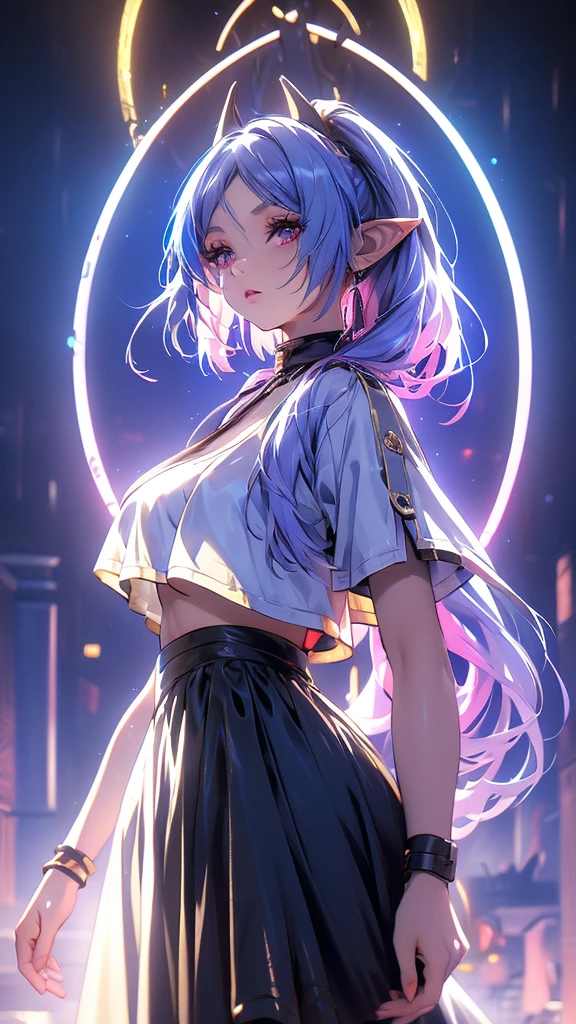 1 person, 20-year-old girl, One person, (Silver Hair), Long pointed ears、Elf、(Gradient sky blue hair tip:1.6), hair, Ridiculously long hair, Single Side Lock, Wavy Hair, Shine髪, Floating Hair, (Fantastic deep purple eyes), Delicate eyes, Aqua Eye, Very fine eye, Long upper eyelashes, ((Glowing Eyes)), compensate, Focus on the face, Highly detailed facial, Pretty face, Perfect breasts, Hot body, (Delicate skin texture:1.2), break, White extra long skirt, Fashion Clothing, necklace, Technical clothing masterpiece, on the road, Gazing at the starry sky, meteor, cyber punk, Detailed Background, The perfect layered cut, clean focus, (magazine:1.3), (Cover Style:1.3), Octane Rendering, Tyndall effect, Real, Dark studio, Side light, 2-color illumination, realism, Chiaroscuro, (Shine光), Shine, Ray Tracing, Cinema Lighting, Futurism, Motion Blur, Atmospheric perspective, Depth of written boundary, Bokeh, Highest quality, 超High resolution, Super Detail, masterpiece, High resolution, Accurate, retina, Anatomically correct