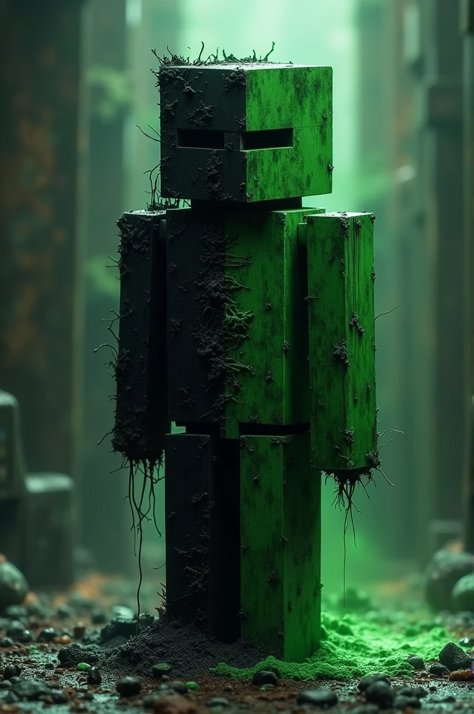 Create a Minecraft skin with half black and half green, with a chaotic and corrupt design. The transition between colors should be irregular and blended., with distorted patterns and elements that suggest a corrupted style.