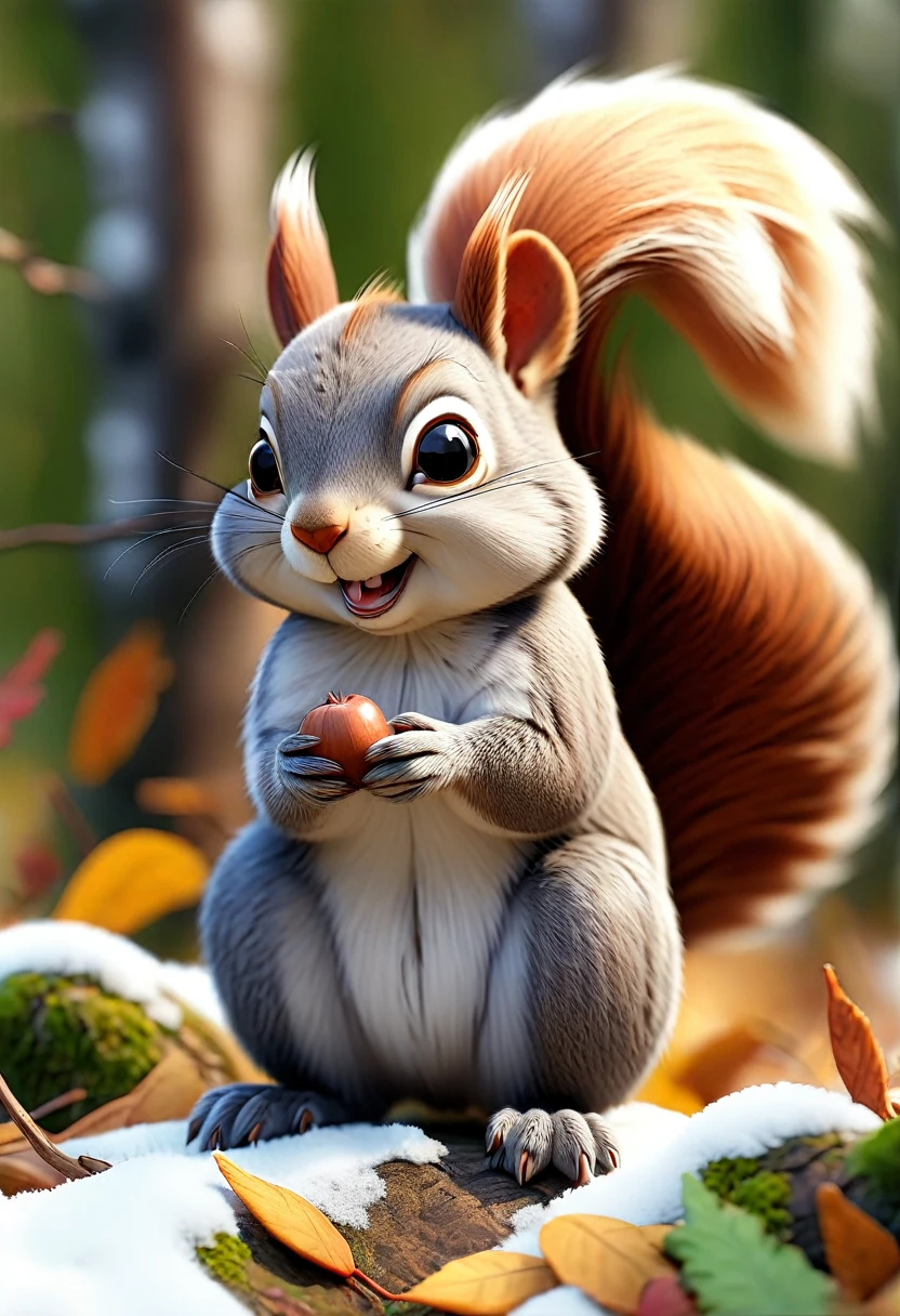 A cute squirrel in an late autumn forest, with detailed fur and adorable cheeks puffed out with food, diligently preparing for winter, she has an acorn in her hand, a little snow is falling, 3d, highly detailed, realistic, professional photography, professional lighting, shallow depth of field, beautiful, detailed eyes, beautiful, detailed fur, extremely detailed face, and body, photorealistic, 8k, best quality.