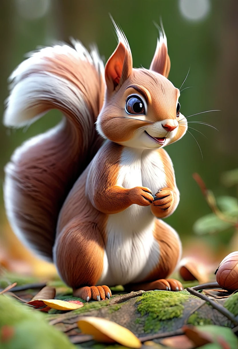 A cute squirrel in an late autumn forest, with detailed fur and adorable cheeks puffed out with food, diligently preparing for winter, she has an acorn in her hand, a little snow is falling, 3d, highly detailed, realistic, professional photography, professional lighting, shallow depth of field, beautiful, detailed eyes, beautiful, detailed fur, extremely detailed face, and body, photorealistic, 8k, best quality.